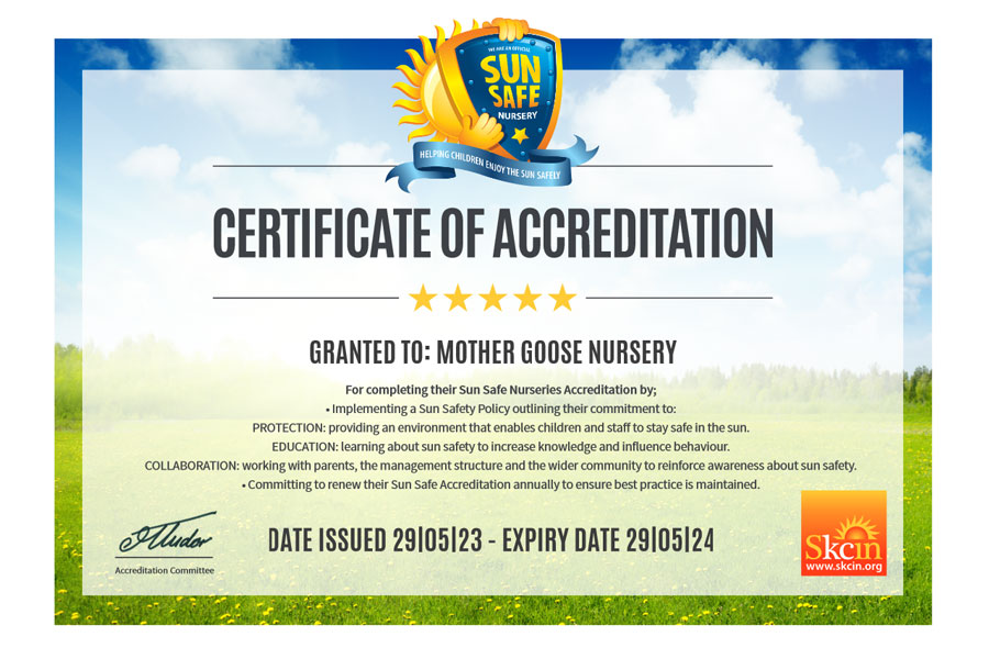 Mother Goose Nursery Sun Safe Certificate of Accreditation